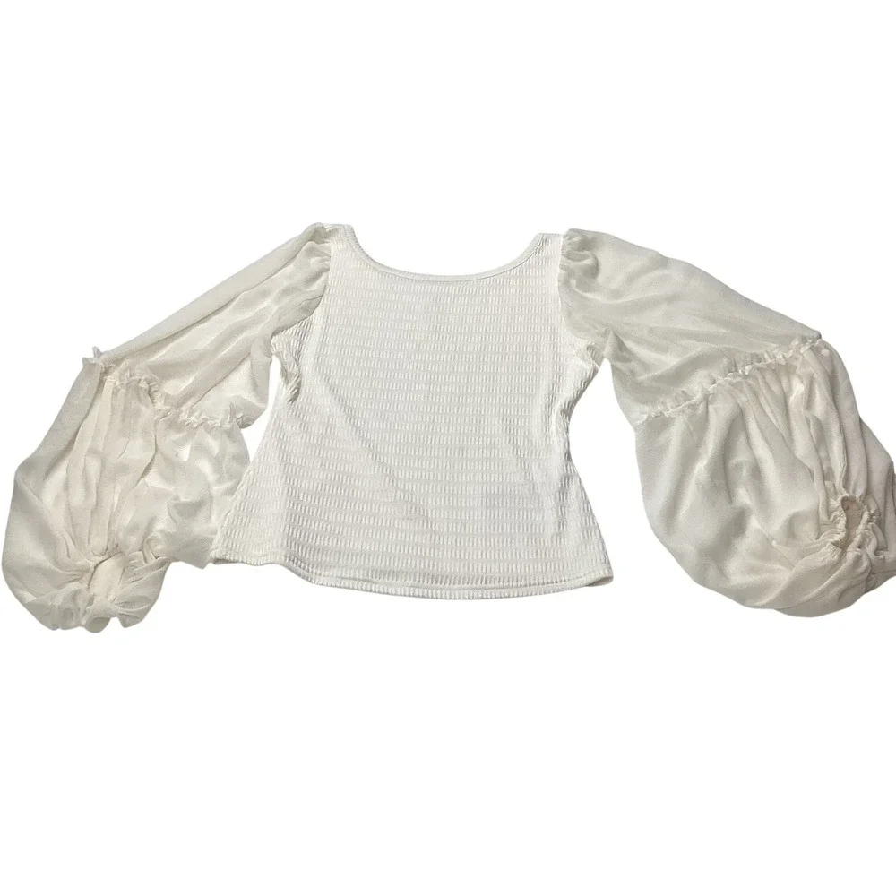 Anthropologie White Textured Knit Sheer Balloon Sleeve Blouse‎ Small